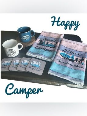 Happy Camper Gray & Teal Kitchen Towels 2 Ceramic Mugs & 4 Neoprene Coaster Set